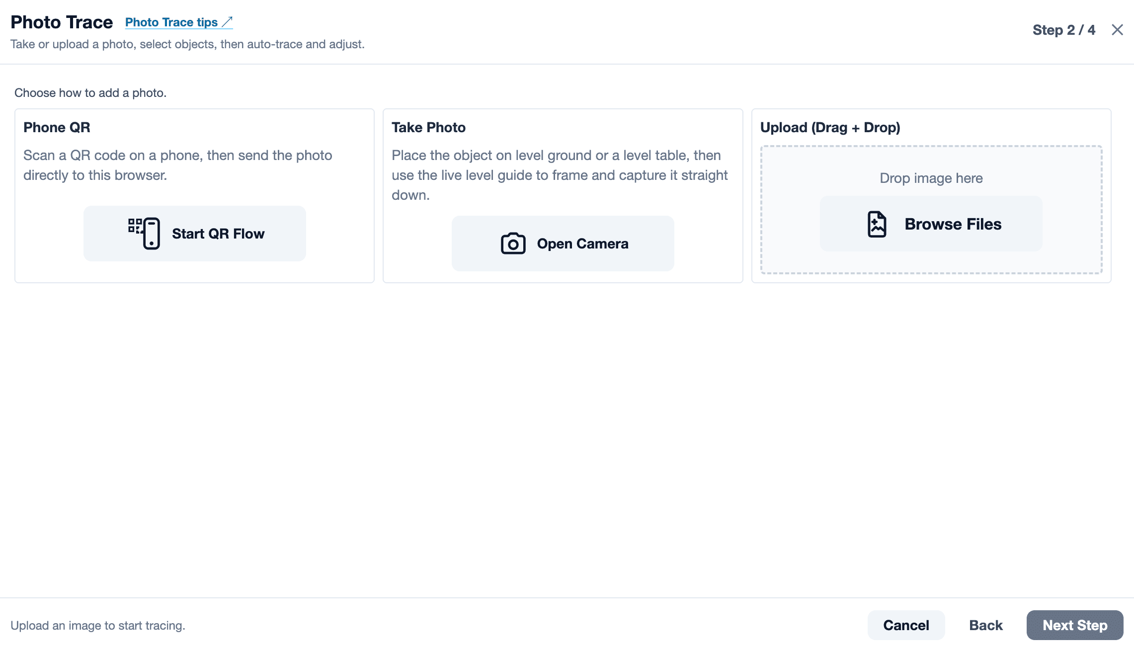 Photo Trace dialog showing Phone QR, Take Photo, and Upload options