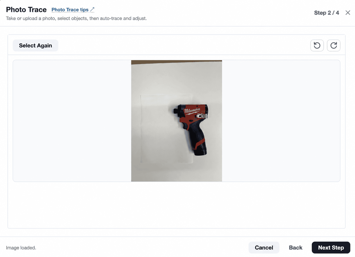 Photo Trace step showing a loaded photo ready for object selection