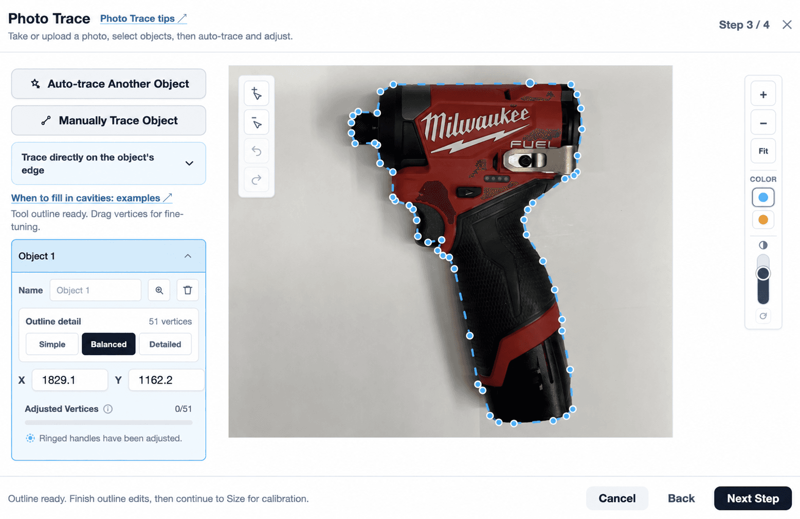 Photo Trace step showing a selected object outline ready for review and adjustment
