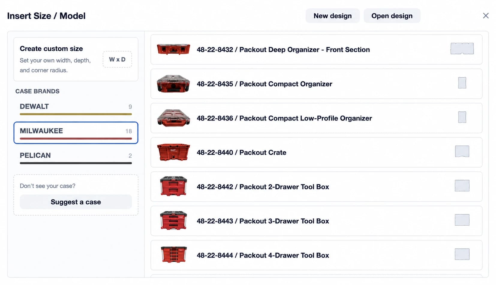 Insert outline selector with case brands, model photos and outline previews, plus custom sizing and a Suggest a case option.